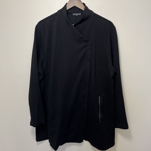 Eileen Fisher Woman Black Asymmetrical Zip Jacket Tencel Blend Lamb Leather XXL‎